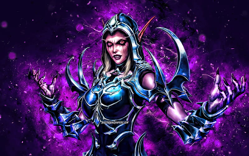 Sylvanas Windrunner violet neon lights, World of Warcraft, warriors, WoW, monstr, World of Warcraft Shadowlands, Sylvanas Windrunner World of Warcraft, HD wallpaper