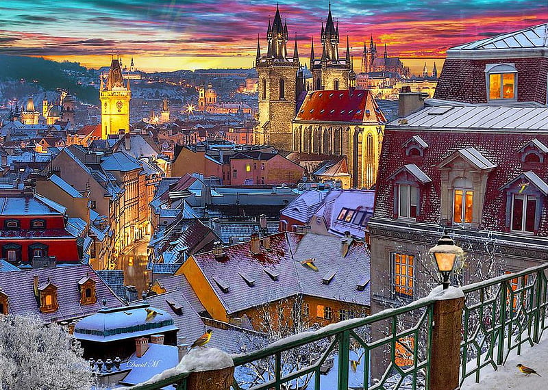 Sunset in Prague, houses, painting, church, artwork, winter, sunset, clouds, sky, city, snow, czech republic, HD wallpaper