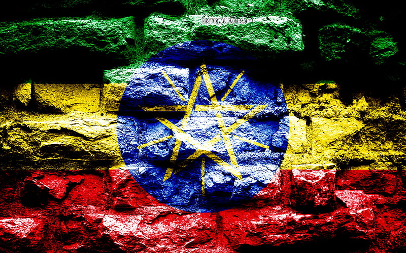 Ethiopia flag, grunge brick texture, Flag of Ethiopia, flag on brick wall, Ethiopia, flags of Africa countries, HD wallpaper