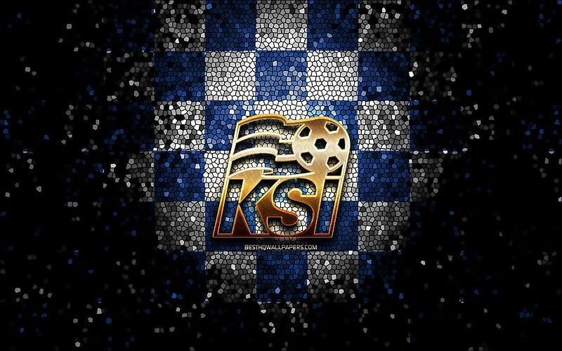 Icelandic football team, glitter logo, UEFA, Europe, blue white checkered background, mosaic art, soccer, Iceland National Football Team, KSI logo, football, Iceland, HD wallpaper