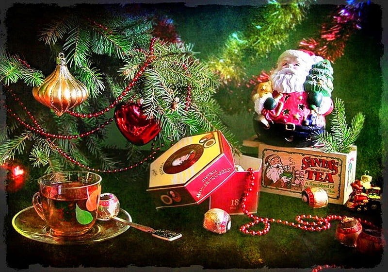 Santa's tea, ornaments, candy, holidays, christmas, box, abstract, tea, winter, still life, tree, santa, graphy, balls, cup, season, HD wallpaper