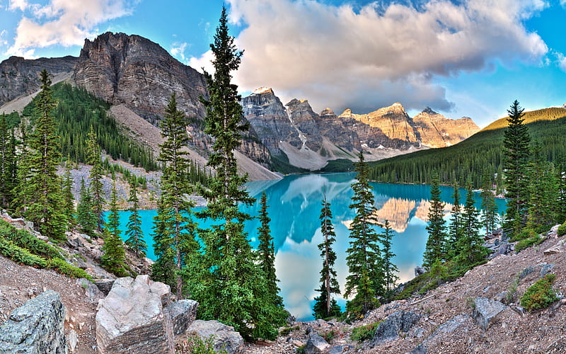 Lake Moraine, rocks sun, sunset, snowy, afternoon, sundown, nice, stones, multicolor, mounts, bright, wood, sunbeam, sunrises, sundow, dawn, brightness, sunrays, snow, mountains, glaciar, ambar, bonito, seasons, cold, green, amber, beije, blue, night, rouse, lakes, maroon, reveille, day, nature, reflected, orange, clouds, lights, lightness, peaks, beauty, forests, evening, rivers, lagoons, sky, water, cool, awesome, sunshine, colorful, gray, sunny, laguna, trunks graphy, grove, mirror, light, amazing multi-coloured, national parks, colors, spring, morn, plants, colours, frozen, reflections, natural, HD wallpaper