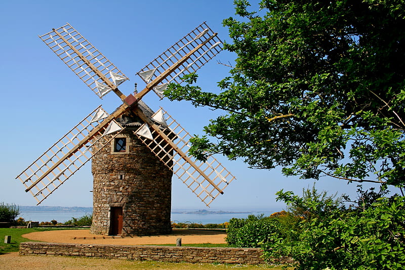 Old Stone Windmill, windmill, stone, mill, rock, wind, trees, sky, old, HD wallpaper