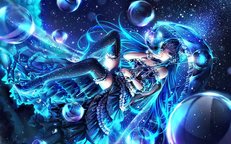 Anime, blue, art, girl, bubbles, manga, HD wallpaper