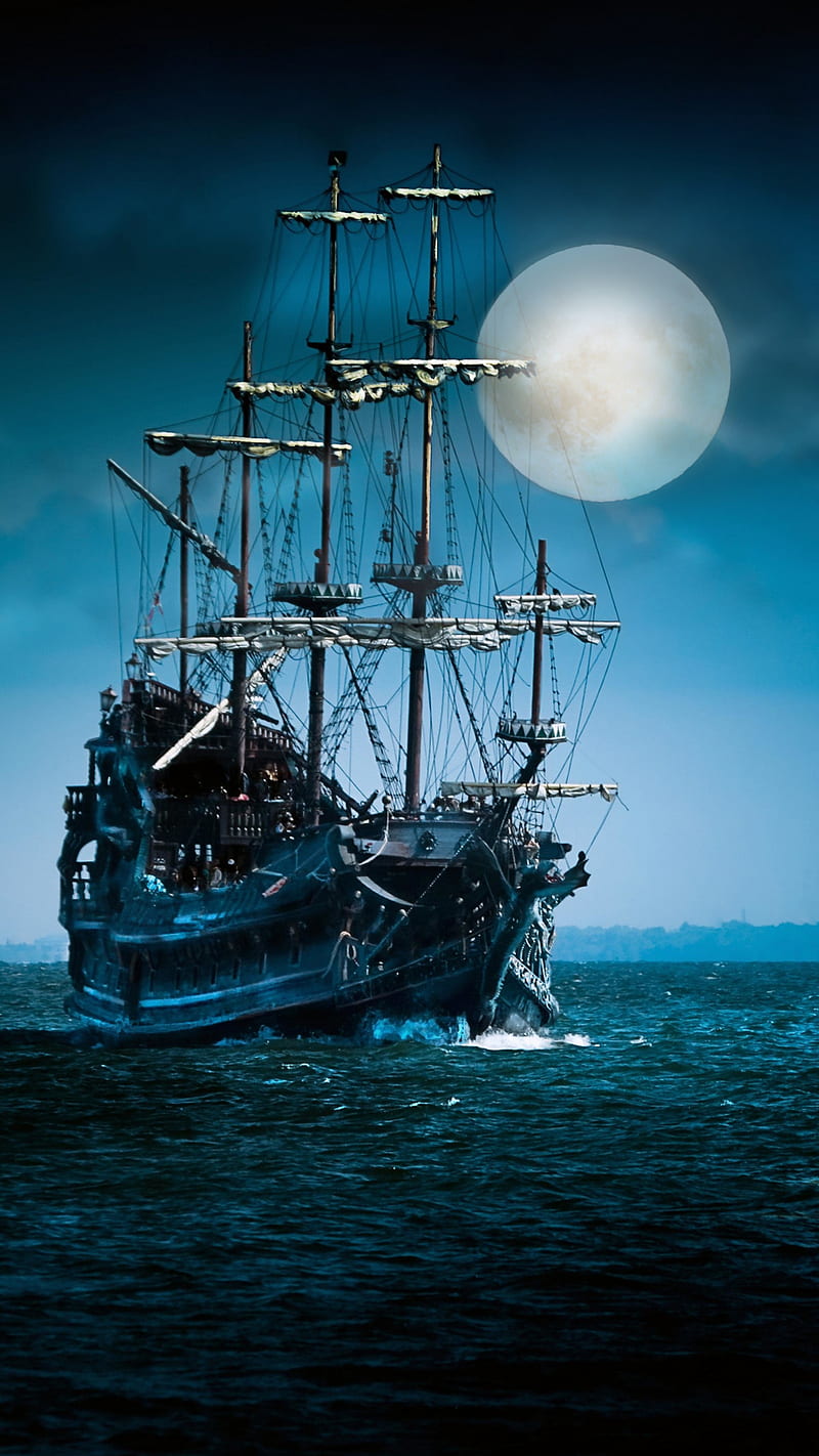 pirate ship, moon, pirate, ship, HD phone wallpaper