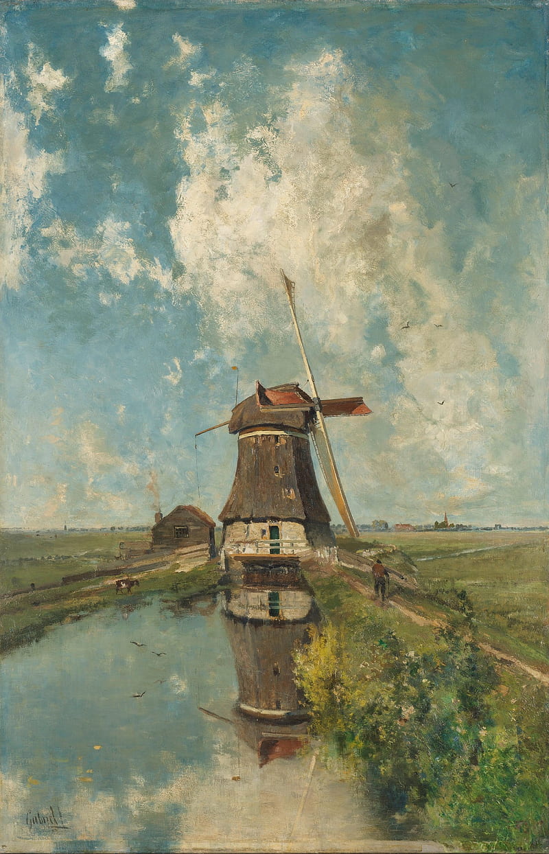painting, brush strokes, windmill, landscape, clouds, sky, water, cow, HD phone wallpaper