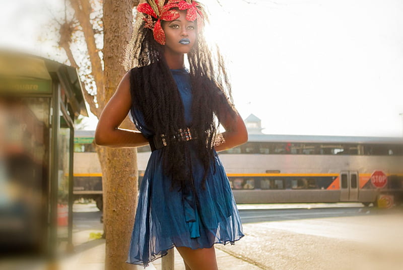 Blue dress 2024 with red flowers