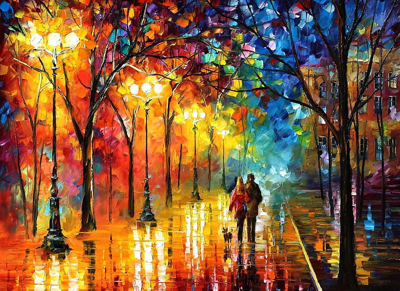 Lovers Walking the Dog , art, cityscape, bonito, abstract, illustration, artwork, canine, Afremov, pet, city park, painting, wide screen, dog, HD wallpaper