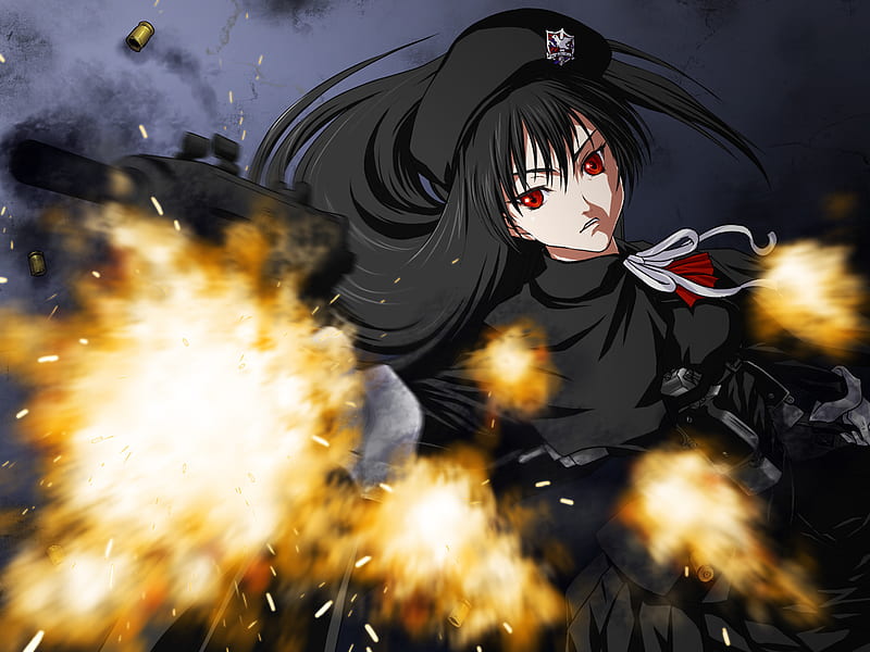 Barrage Shoot !!, black, army, hat, iga tomoteru, gun, girl, anime, bullet, red eyes, HD wallpaper