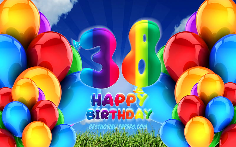Happy 38 Years Birtay, cloudy sky background, Birtay Party, colorful ballons, Happy 38th birtay, artwork, 38th Birtay, Birtay concept, 38th Birtay Party, HD wallpaper