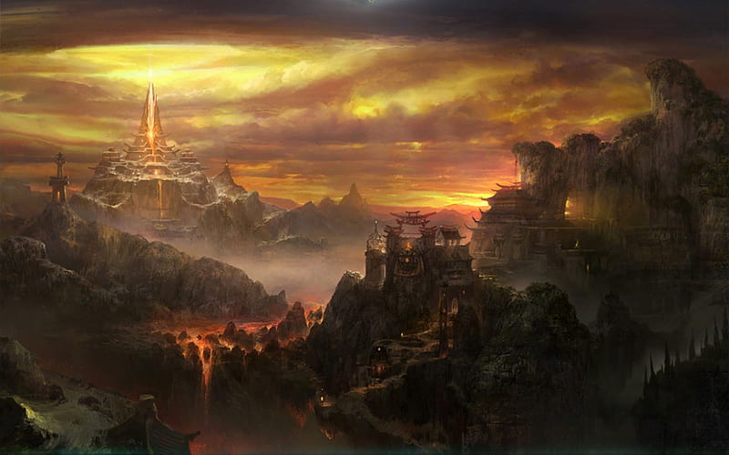 World on fire, world, fire, fantasy, mountains, clouds, castle, sky, HD wallpaper