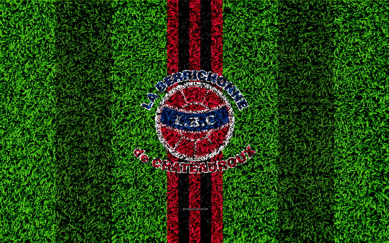Chateauroux FC logo, football lawn, french soccer club, red blue lines, grass texture, Ligue 2, Chateauroux, France, football, soccer field, LB Chateauroux, HD wallpaper
