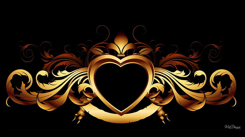 Gold Heart on Black, metal, Valentines Day, gold, golden, corazones, luxury, luxurious, HD wallpaper