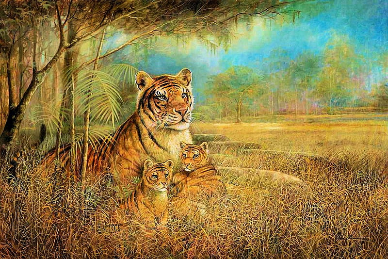 Wild and beautiful, wilderness, cub, tiger, artwork, painting, HD wallpaper
