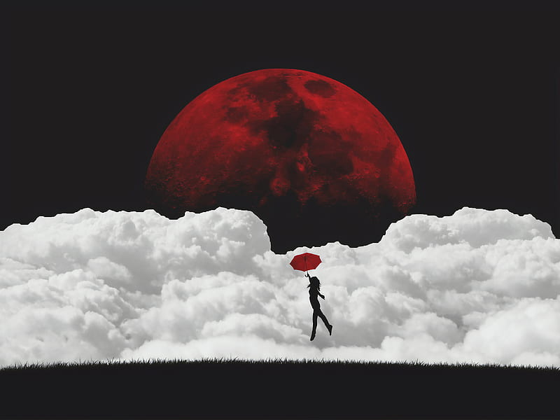 red moon, flying girl, beyond the clouds, artwork, Fantasy, HD wallpaper