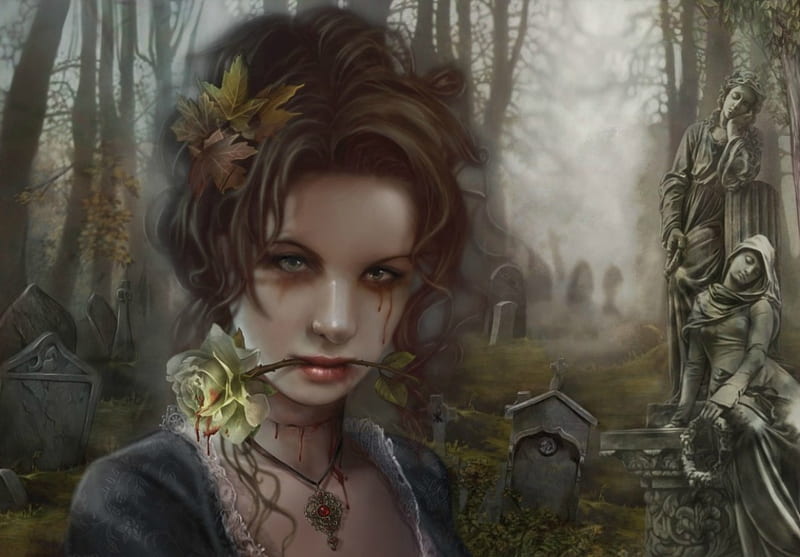 The graveyard, luminos, blood, zombie, fantasy, girl, chris ortega, flower, graveyard, vampire, hallowenn, HD wallpaper