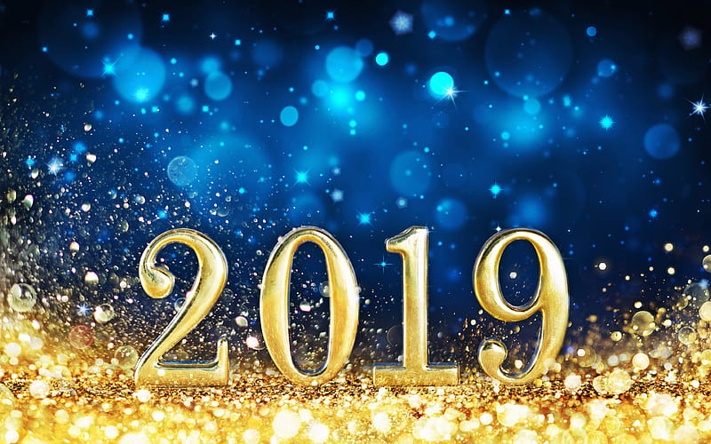 Happy New Year 2019, golden digits, blue background, 2019 concepts, glare, 3D digits, 2019 year, creative, 2019 on blue background, HD wallpaper