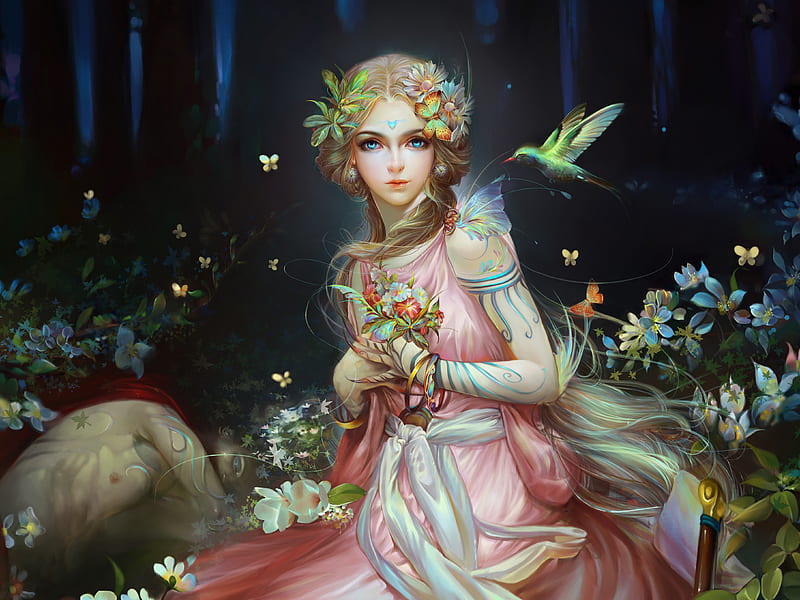 Fantasy Girl Forest Frumusete Luminos Pasare Blonde Hummingbird Girl Hd Wallpaper Peakpx 6394