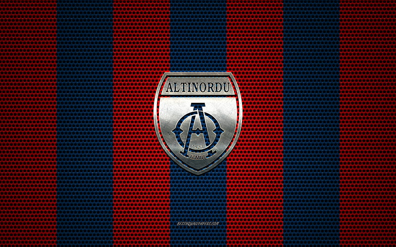 Altinordu FK logo, Turkish football club, metal emblem, red-blue metal mesh background, TFF 1 Lig, Altinordu FK, TFF First League, Izmir, Turkey, football, HD wallpaper