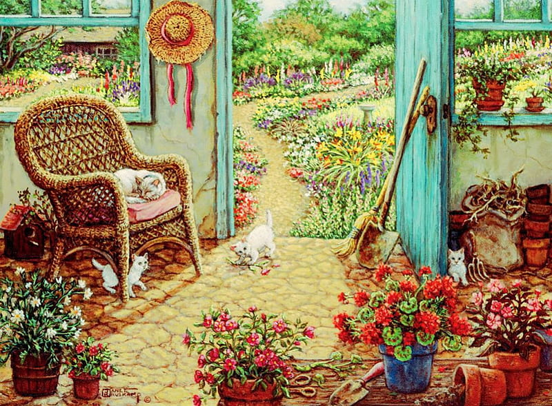 The Potting Shed, flowers, armchair, path, garden, artwork, hat, door, HD wallpaper