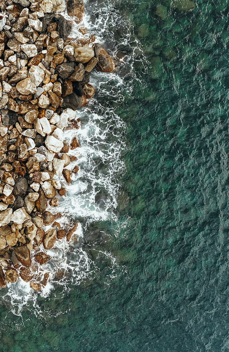 sea, coast, aerial view, stones, water, HD phone wallpaper