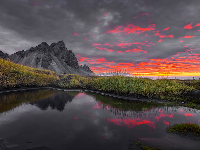 Earth, Landscape, Dawn, Iceland, Morning, Mountain, Reflection, Sunrise, Vestrahorn Mountain, HD wallpaper