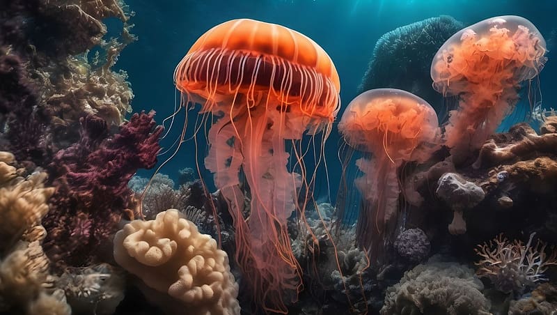 Medusa - underwater life, korallok, meduza, viz alatti elet, zatony, viz alatti taj, tenger, tengeri elet, HD wallpaper