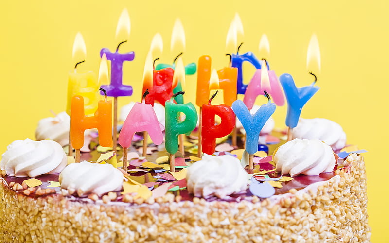 Happy Birtay, burning candles cake on a yellow background, birtay cake, sweets, congratulations, HD wallpaper