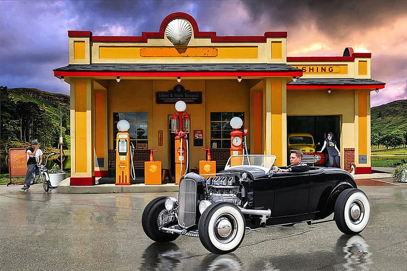 Clean As A Whistle, service, hot rod, car, station, vintage, HD wallpaper