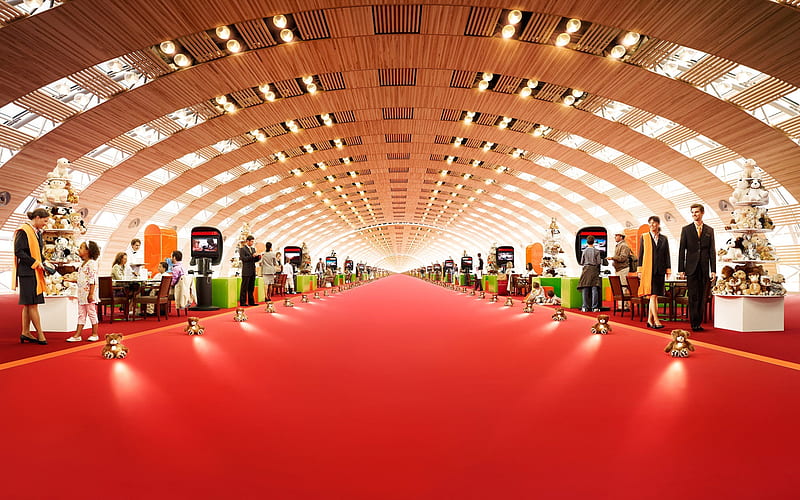 The exhibition, red floor, stalls, hall, expo, teddy bears, exhibition, fair, weird, people, HD wallpaper