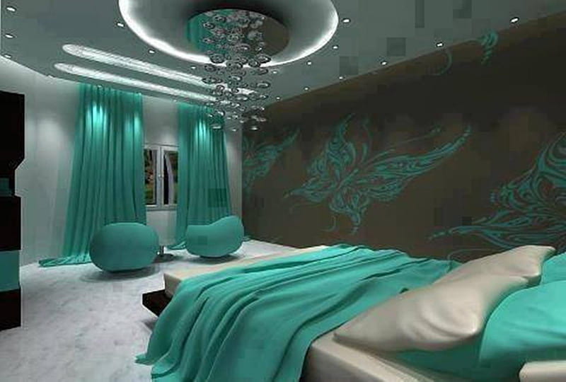 dream bedroom, graphy, interior, gris, bonito, azure blue, HD wallpaper