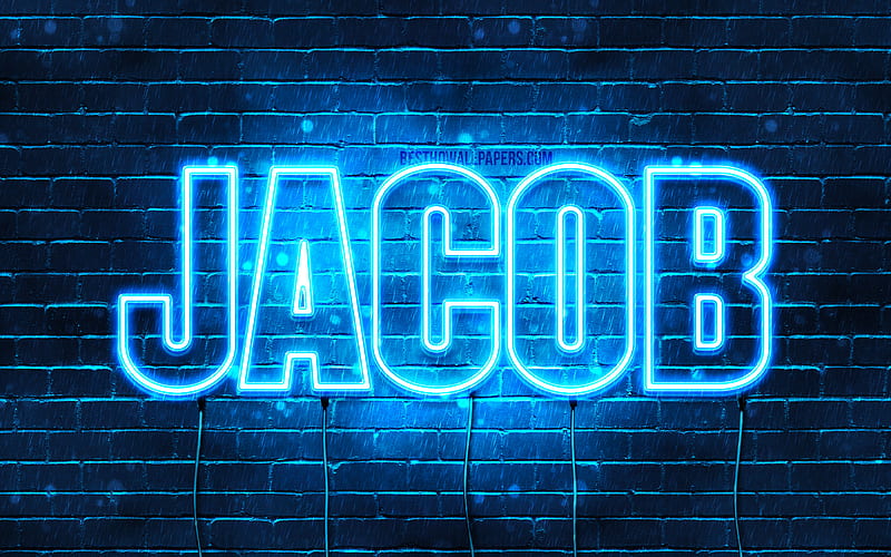 Jacob with names, horizontal text, Jacob name, blue neon lights, with Jacob name, HD wallpaper