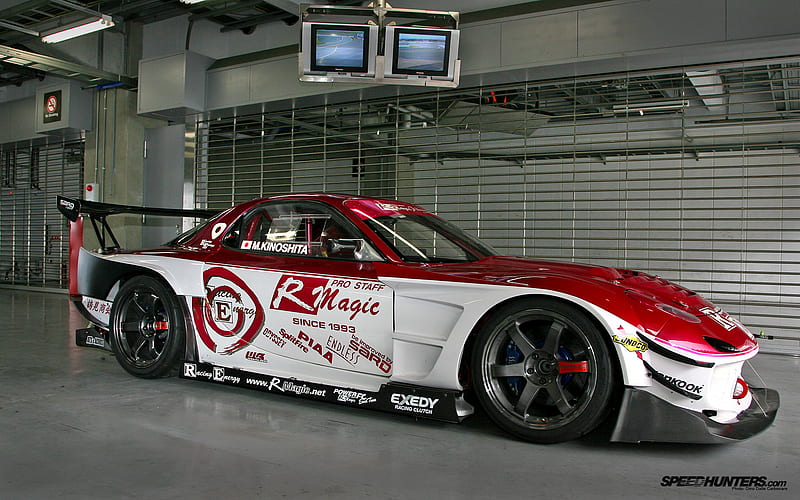 mazda rx7 race car, red, race modified, front engine, black, black alloys, two seater, white, HD wallpaper