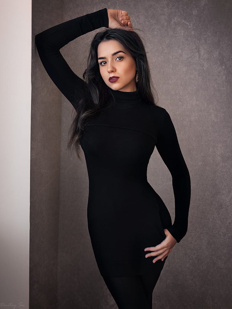 Ura Pechen, women, model, arms up, black, black clothing, black hair, black dress, looking at viewer, wavy hair, HD phone wallpaper
