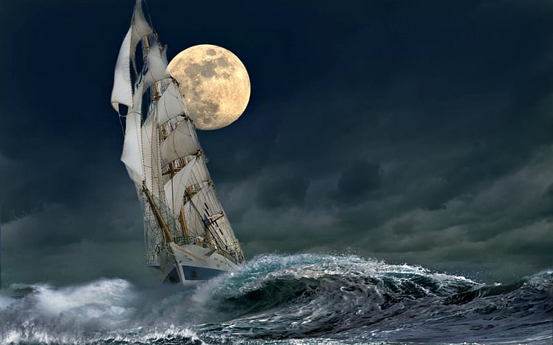 Sailing under a Full Moon, Ocean, Waves, Schooner, Full Moon, HD wallpaper