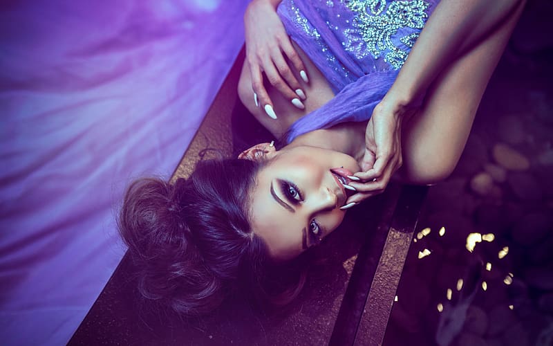 Dannie Riel, woman, purple, blue, model, face, girl, upside down, HD wallpaper