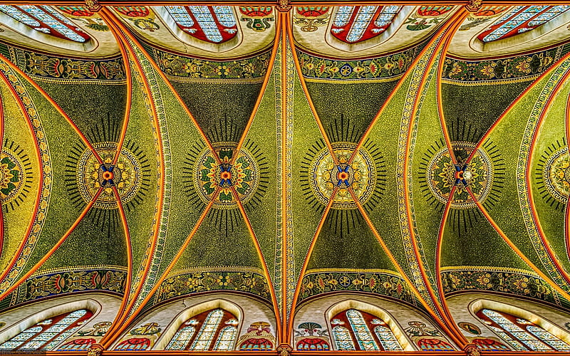 Church Ceiling in Luxembourg, inside, Luxembourg, church, ceiling, HD wallpaper