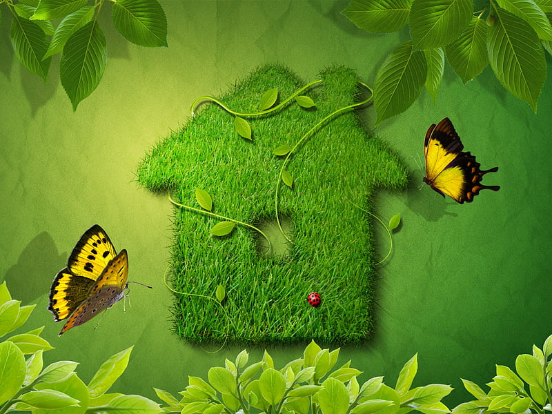 Green house, house, grass, green-house, fantasy, butterfly, green, beauty, fantasy art, green , green digital ps work, butterflies, abstract, 3d, cool, insect, new, nature, natural, HD wallpaper