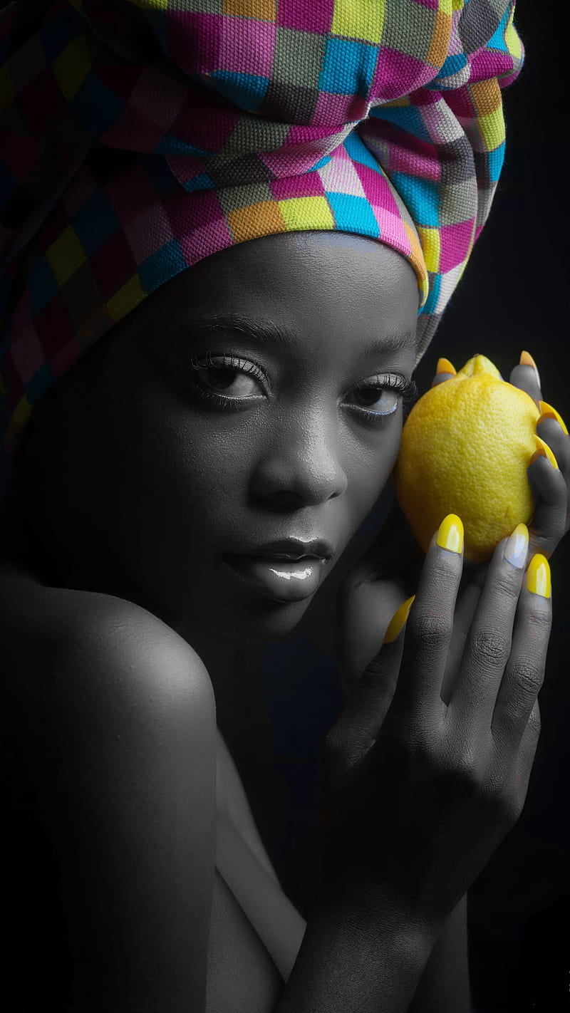 Lemon girl, black and white, black and white, colors, dark, ebony, lemon, portrait, yellow, yellow nails, HD phone wallpaper