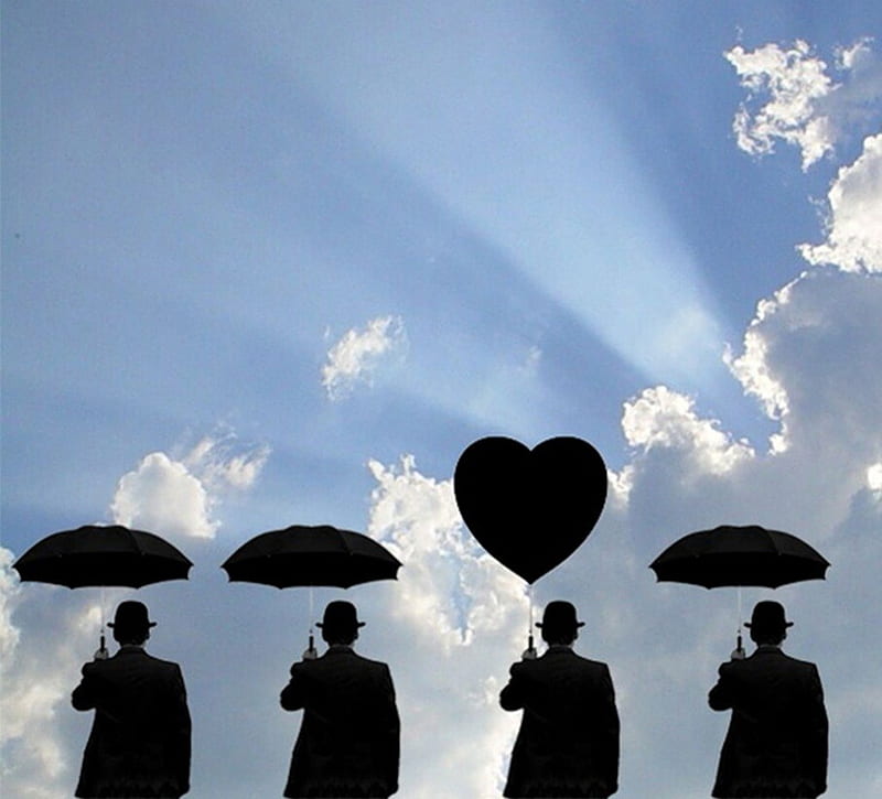 three umbrella and one heart, hats, men, silhouettes, sun rays, collage, clouds, sky, HD wallpaper