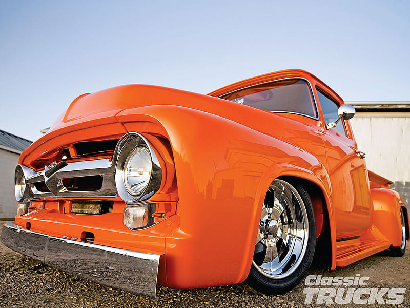 56 Custom, truck, f 100, orange, ford, HD wallpaper