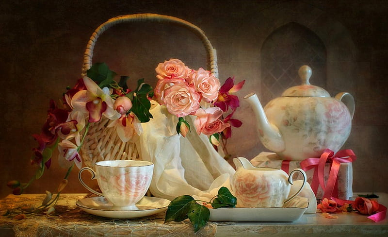 Still Life, roses, tea, cup of tea, bouquet, basket, cup, flowers, nature, HD wallpaper