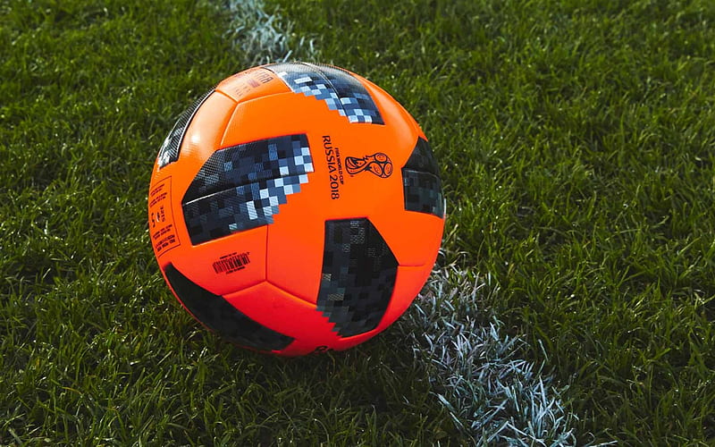 Adidas Telstar 18, Official orange soccer ball, FIFA World Cup 2018, World Cup 2018, Adidas, Russia 2018, ball on the grass, football, Telstar, HD wallpaper