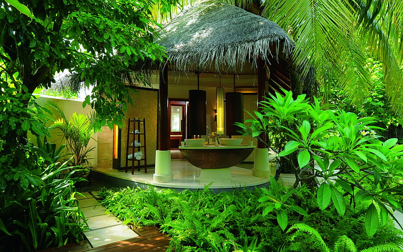 Beautiful Place, architecture, resort, house, interior, cabin, palm trees, modern, calm, bungalows, jungle, path, beauty, tropics, lovely, holiday, houses, relax, desing, trees, cottage, tropical forest, bonito, leaves, green, houser, room, light, hotel, forest, view, exoting, place, spa, peaceful, summer, nature, tropical, hidden, HD wallpaper