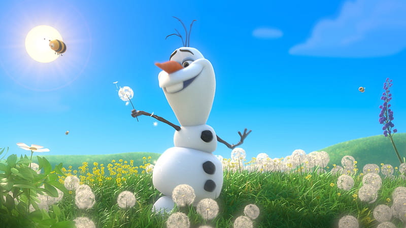 Frozen (2013), sun, movie, snowman, bee, olaf, dandelion, green, white, frozen, field, disney, blue, HD wallpaper