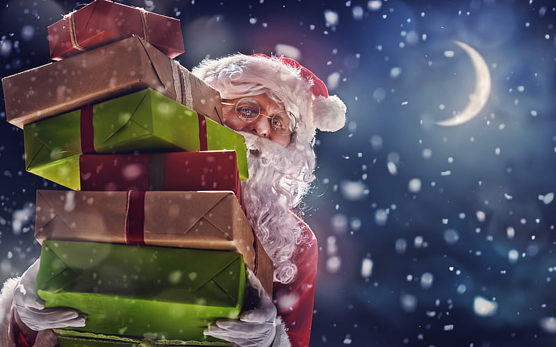 Santa Claus, Christmas night, gifts, Happy New year, moon, Merry Christmas, xmas, Christmas, HD wallpaper