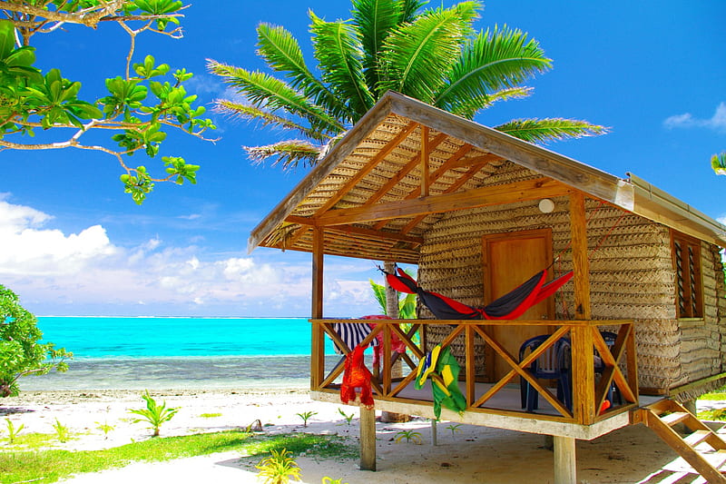 Beach Hut, holidays, sand, water, palm, tropical, sea, HD wallpaper | Peakpx