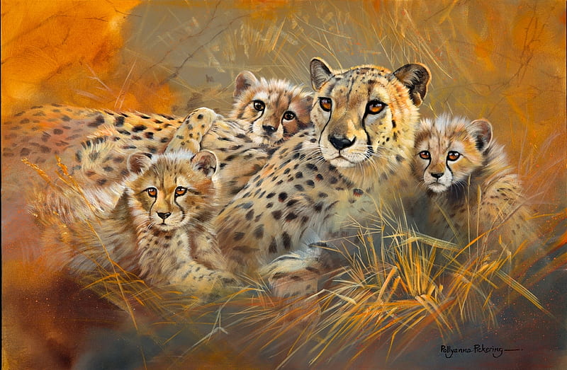 Cheetahs, cute, art, family, cheetah, orange, cub, polyanna pickering, pictura, painting, HD wallpaper