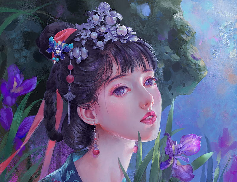 Iris, flower, face, xinqing wang, art, frumusete, luminos, fantasy, purple, girl, pink, blue, HD wallpaper