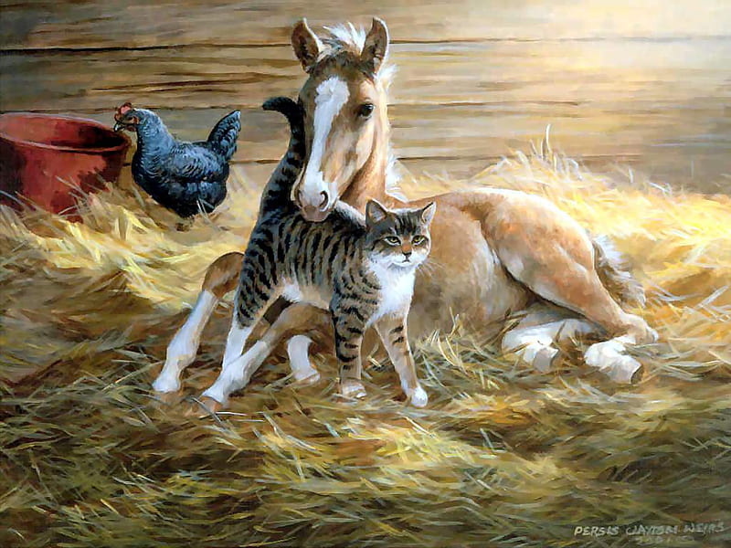 New friends, painting, hay, pictura, horse, pisici, cat, art, persis clayton weirs, cal, cute, kitten, HD wallpaper